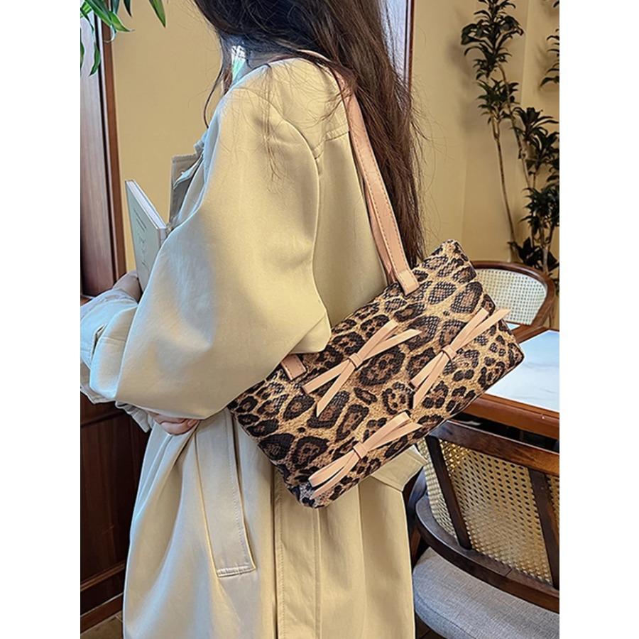 Fashion Bow Underarm Bag for Women PU Leather Leopard Versatile Commuting Handbags Lady Tote One Shoulder Bags
