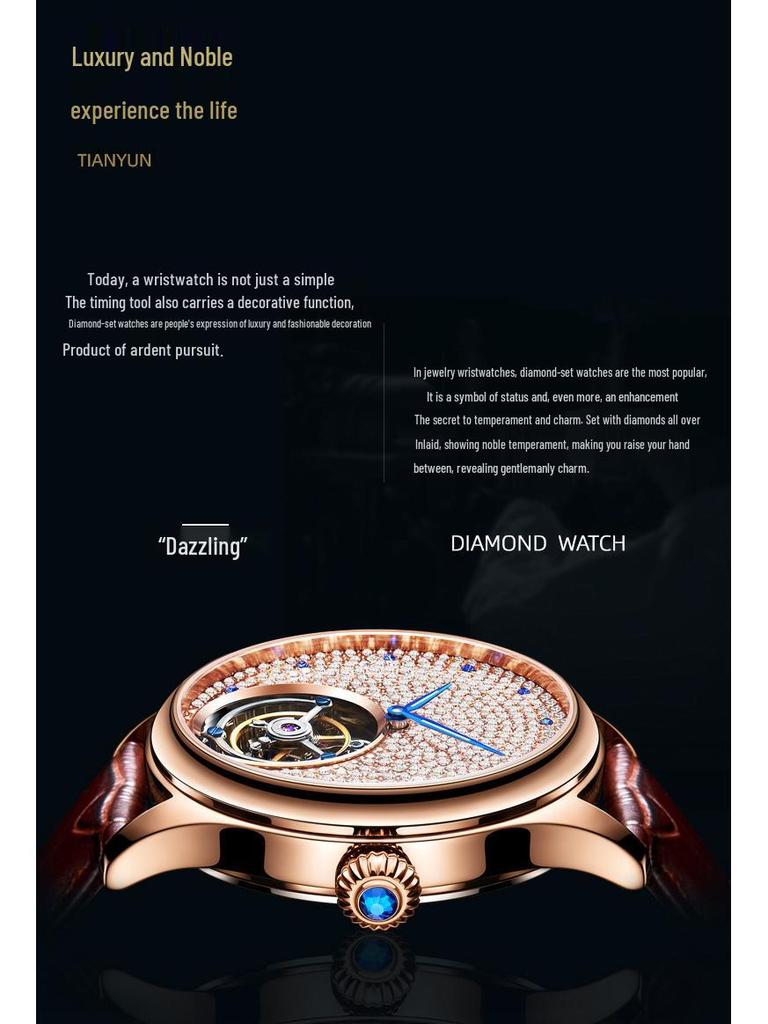 Men's Swiss Movement Waterproof Mechanical Watch with Diamond-Set Skeleton Design and Leather Strap