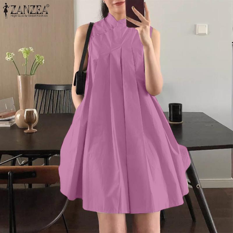 ZANZEA Women Casual Stand Collar Summer Loose Sleeveless Tank Dress