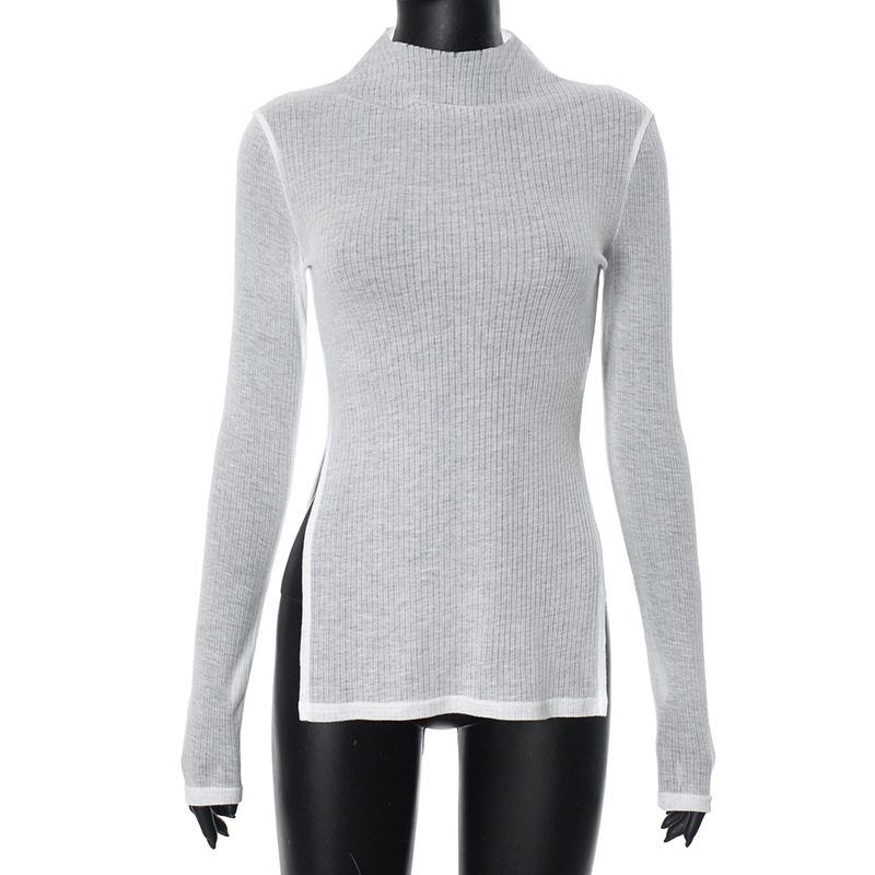 

High Neck Long Sleeved Slit Ribbed Top White S