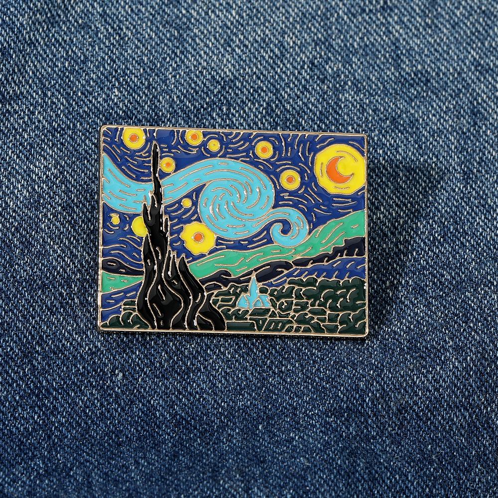 Funny The Starry Night Enamel Brooches Golden Square Badge Van Gogh Oil Painting Pins For Artist Item Gift