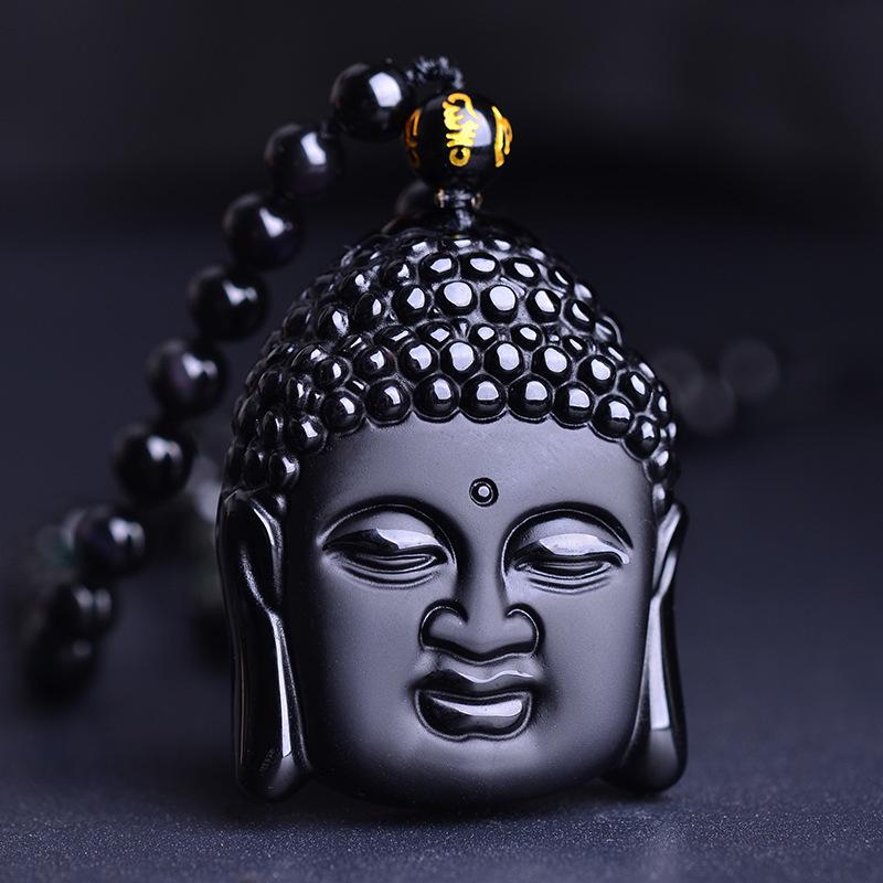 

Матовый Натуральный Обсидиан Подвеска Голова Будды Шакьямуни Buddha Head + Full Bead Necklace