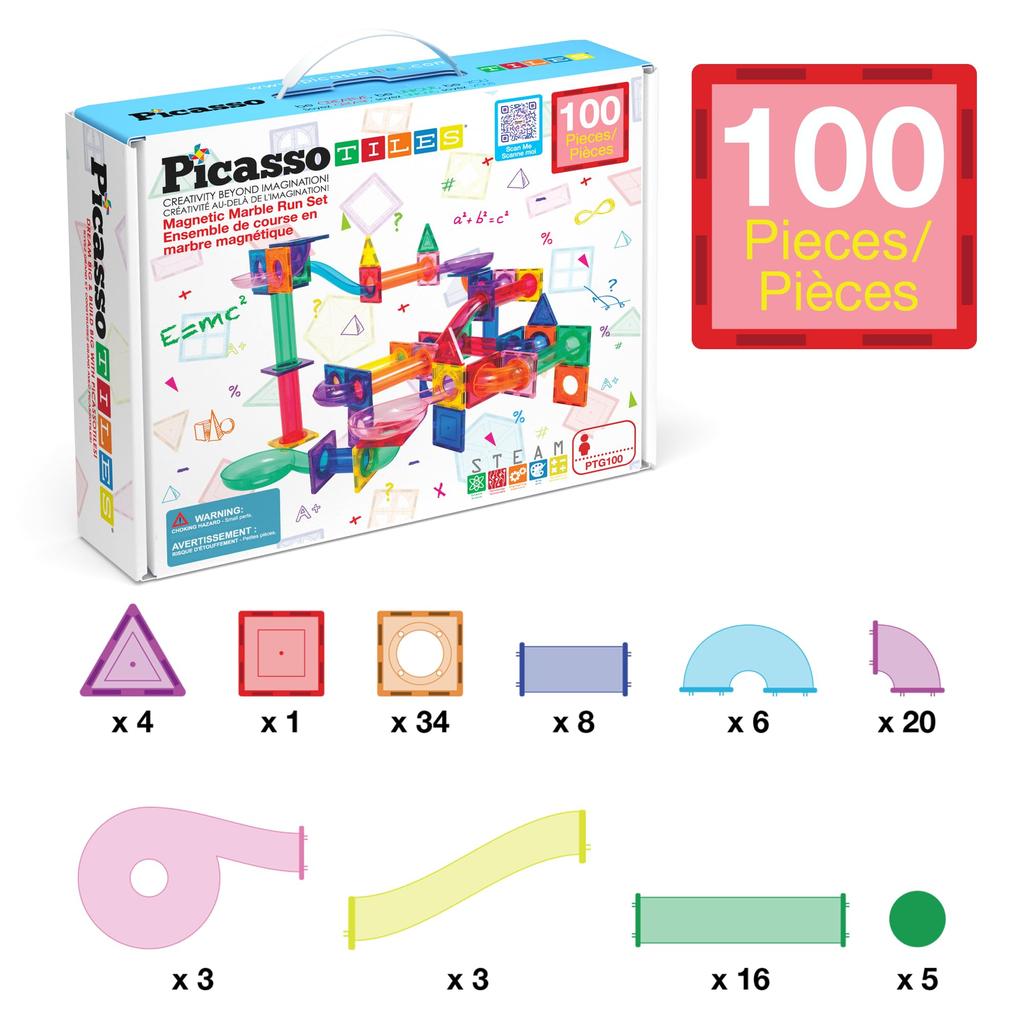 PicassoTiles Marble Run Magnetic Tiles 100 Pieces Race Track Toy STEM Building Learning Education Magnetic Building Kids Educational Kit for Boys