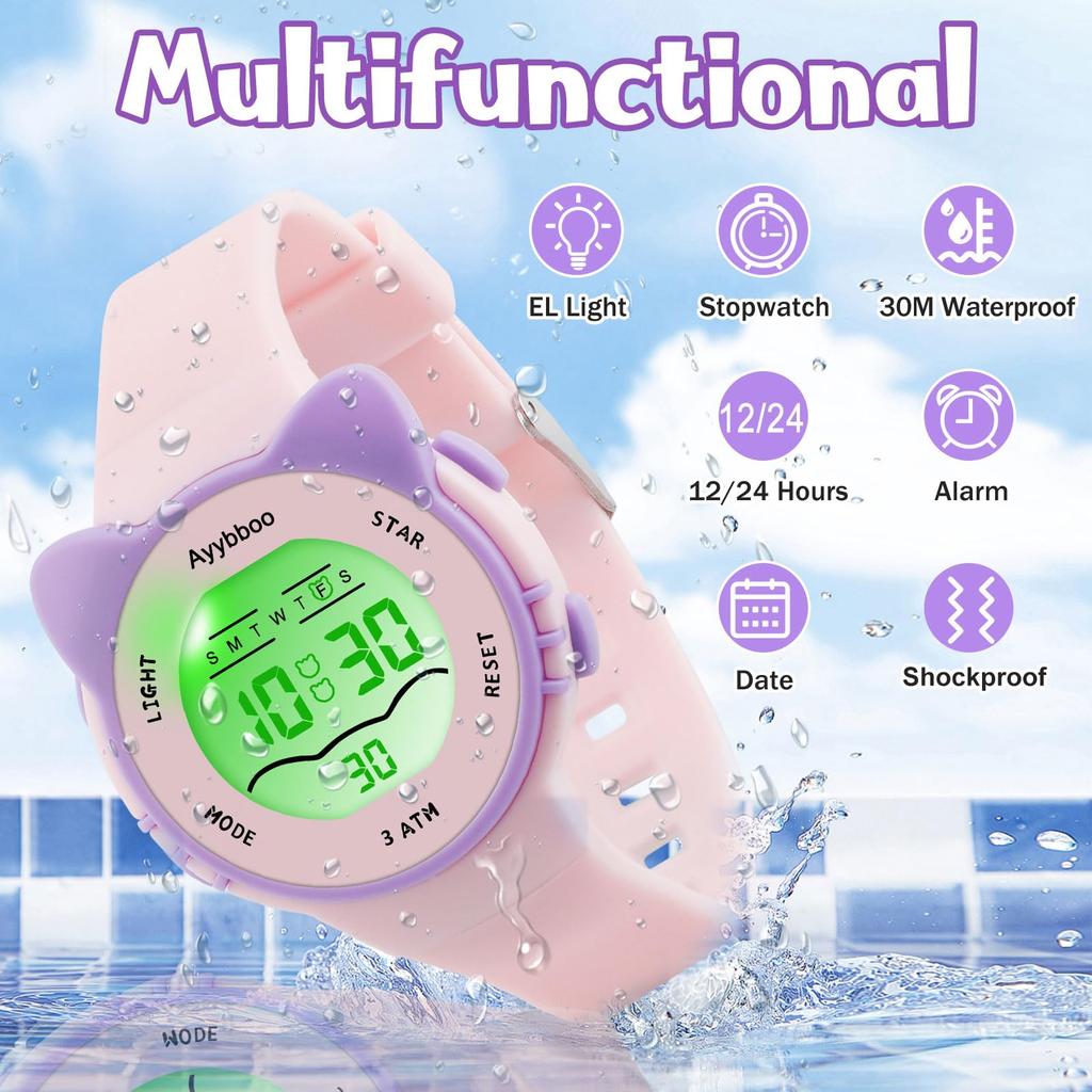 Ayybboo Kids Watch, 7 Color Light Watch, For Girls Boys, Children's Digital Watch, Cat Design, 3ATM Water Resistant / Quartz / Soft Strap For Ages