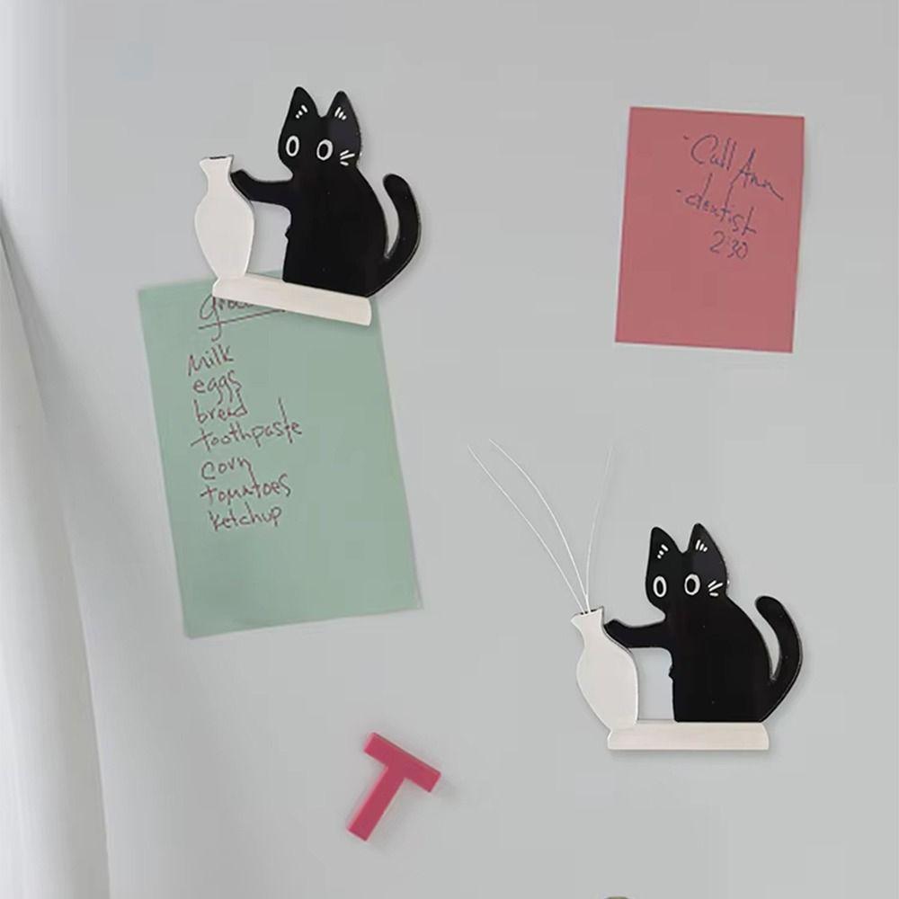Cartoon Cat Refrigerator Magnet Black Cat Pushing Fridge Magnet Vase Decor  Fur Collector