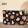 Compact Storage for Small Items Halloween Bag, with Pumpkin Ghost Print, Durable Canvas Cute Festive Zippered Pencil Case Large Capacity Makeup Pouch,