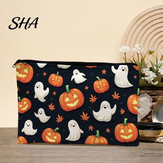 Compact Storage for Small Items Halloween Bag, with Pumpkin Ghost Print, Durable Canvas Cute Festive Zippered Pencil Case Large Capacity Makeup Pouch,