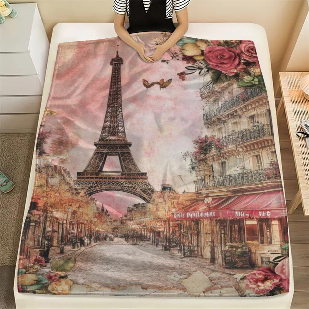 1Pc Eiffel Tower Art Print Flannel Blanket, High quality Comfortable for All Seasons, Home Decor, Warmth and Comfort, Perfect for Gifts