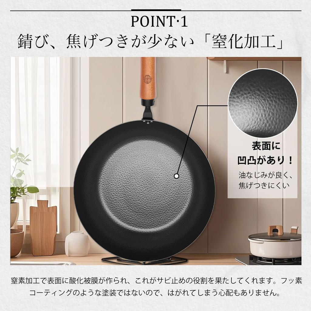 WANGYUANJI Deep Iron Frying Pan, 28cm, 7cm Deep, Nitrided Iron, Rust-Resistant, with Transparent Glass Lid and Natural Wood Handle, Ideal for Cooking
