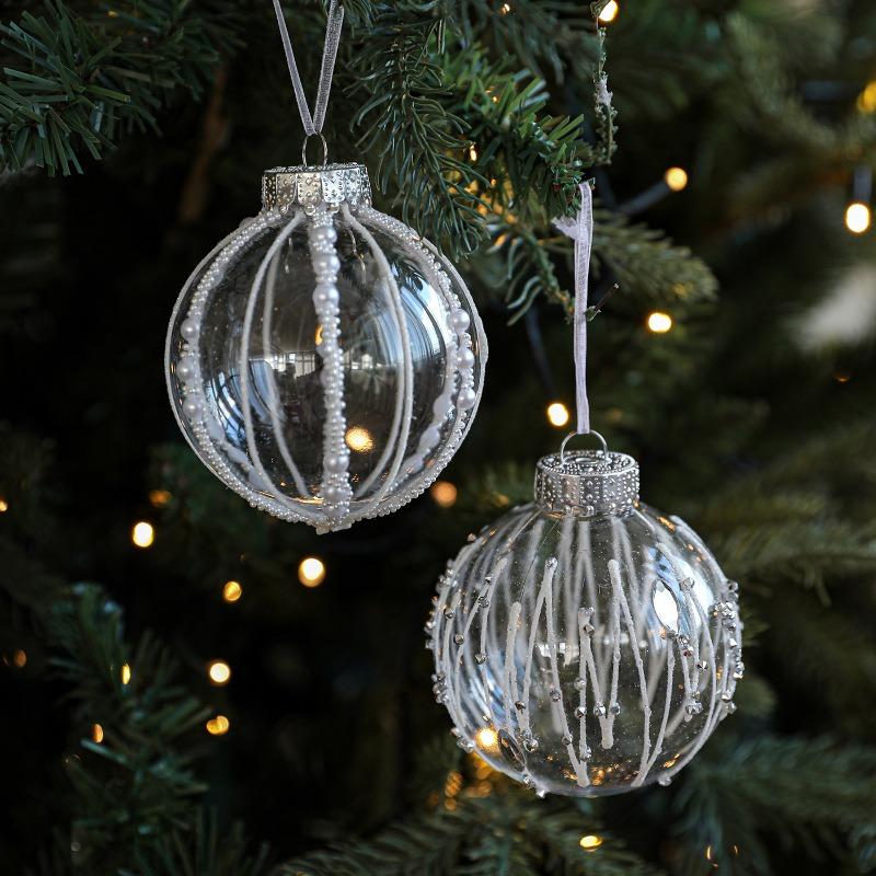 8CM plastic transparent ball Christmas ball striped sticky powder white pearl hanging ball Christmas tree decoration scene arrangement