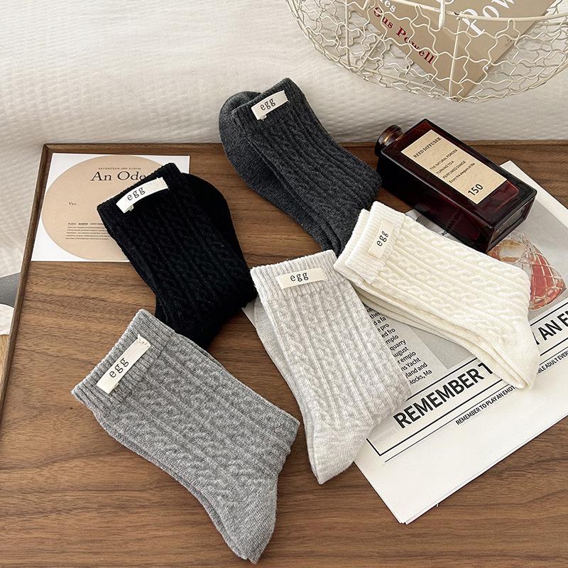 Women's Socks Egg Cloth Label Mid-calf Socks Autumn Linen Pattern Pile Socks Grey Socks