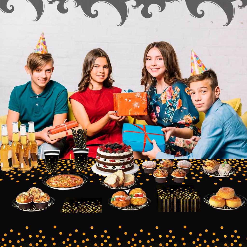 193ks Černo-zlaté párty nádobí, Černá a zlatá tečkovaná papírová sada párty nádobí - Černé a zlaté papírové talíře a kelímky Ubrousky Ubrus atd.