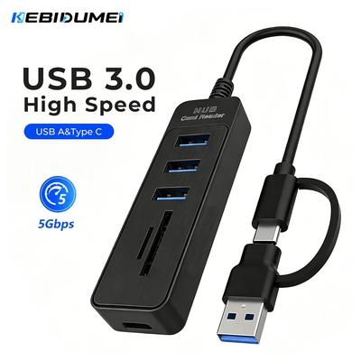 6 In 1 USB Hub 3.0 Multiprise USB High Speed Splitter 6 Ports 5Gbps Hub Power Adapter Multiple Expander Hub with Type C Ports/ TF Card & SD Card Slot