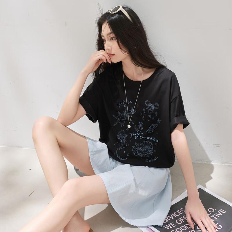 Ocean Print Letter Loose Mid-Sleeve T-Shirt