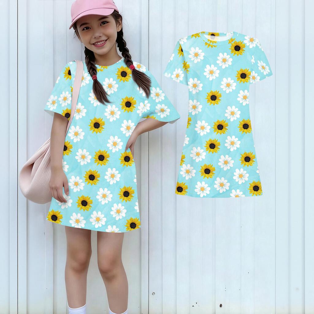 Girls Print Casual Dress Kids Loose Round Neck Short Sleeve Thin Sundress