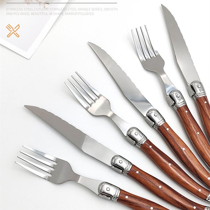 Plastic Wood Grain Handle Laguiole Steak Knives Forks Western Dinnerware Food Knife and Fork Set Stainless Steel Cutlery 6pcs