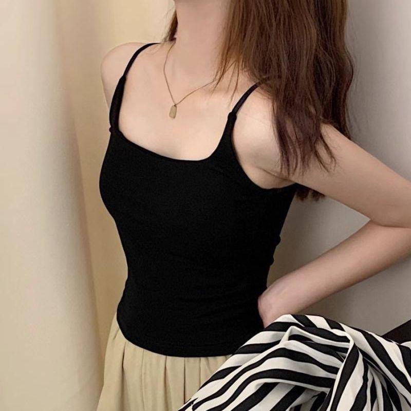 Women's Spicy Girl White Cotton Camisole with Chest Pads - Versatile Base Layer Tank Top for Summer
