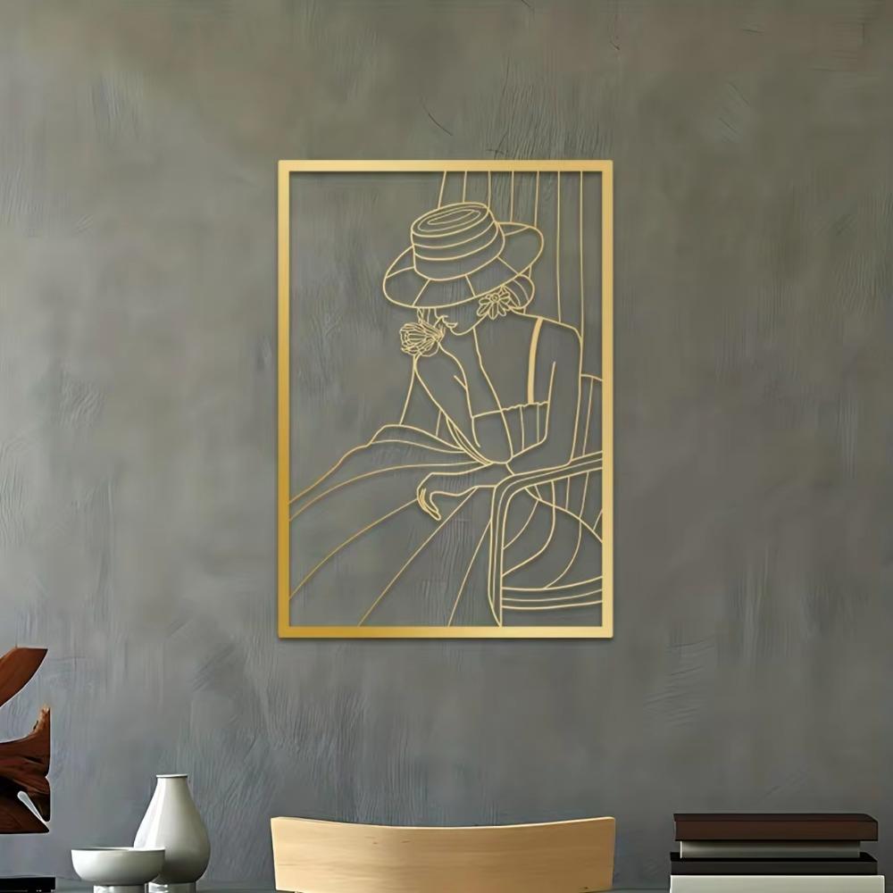 Vintage Lady Metal Wall Art - Modern Black and Gold Drawing | Minimalist Abstract Female Single Line Art for Home Decor