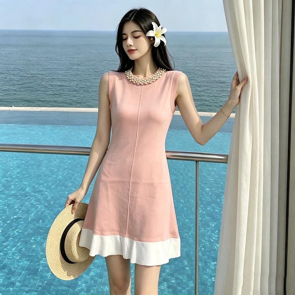 Spring Summer Beaded Knitted Mini Dress for Women Fashion Sleeveless Slimming Ruffle-Trimmed Sweater Dress