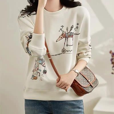 Casual Chic Hoodie Dames O-Hals Lange Mouw Losse Pullover Tops Vrouwen Koreaanse Mode Grappige Borduring Katoenen Sweatshirt Eenvoudig
