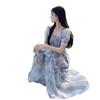 Retro square collar floral dress women's summer new super fairy Mori waist thin fungus edge long skirt