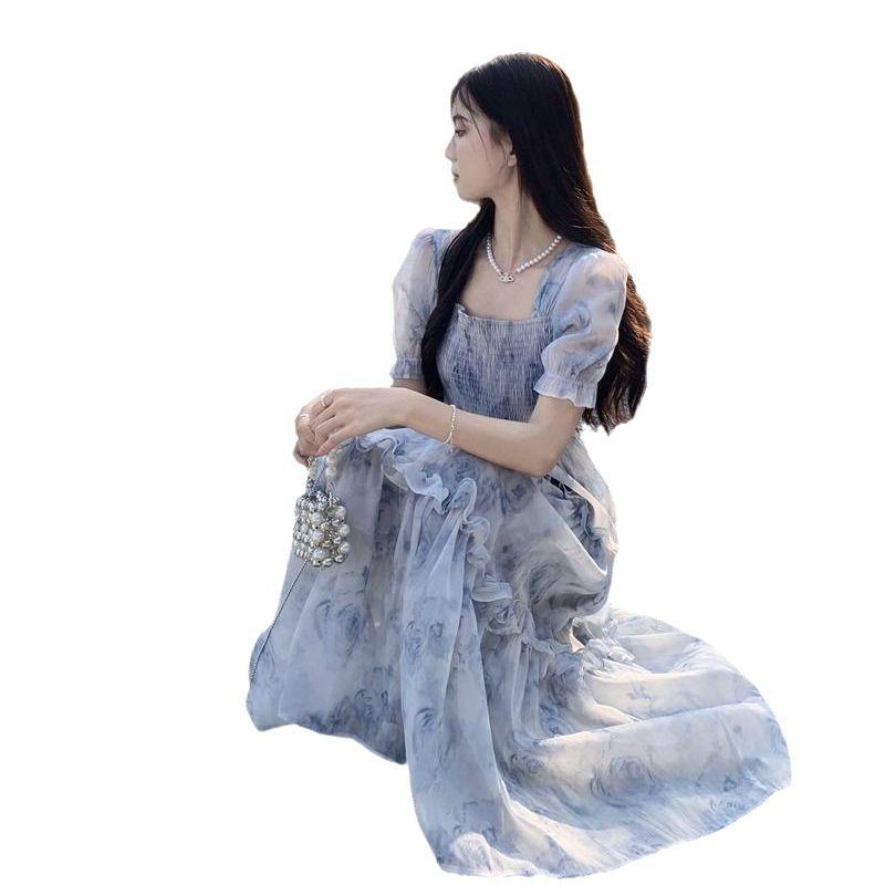 Retro square collar floral dress women's summer new super fairy Mori waist thin fungus edge long skirt