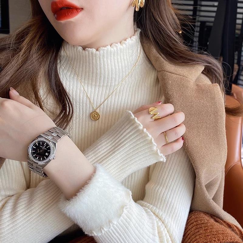 Women's Winter Fleece-Lined Half-High Neck Knit Top Elastic Tight-Fit Thickened Warm Sweater with Ruffled Trim