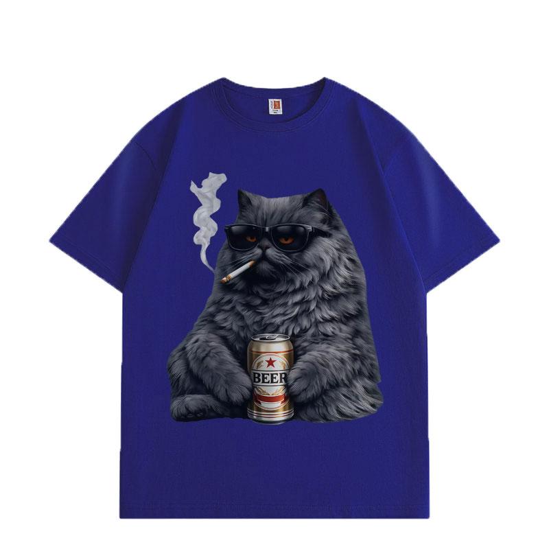 Funny Cat Smoking and Drinking Graphic T Shirts High Street Fashion Trend Short Sleeve T-shirt Men Women Cotton T-shirts