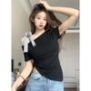 Bow Strap Grey Slant Neck Short Sleeve T-Shirt Women's Summer Design Folds Irregular Spice Girl Off-Shoulder Top