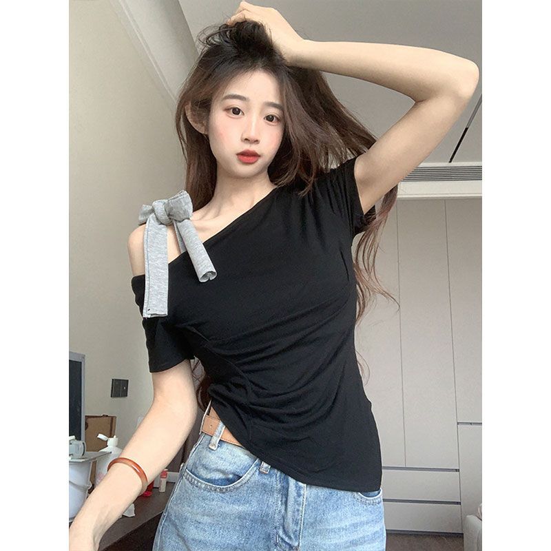 Bow Strap Grey Slant Neck Short Sleeve T-Shirt Women's Summer Design Folds Irregular Spice Girl Off-Shoulder Top
