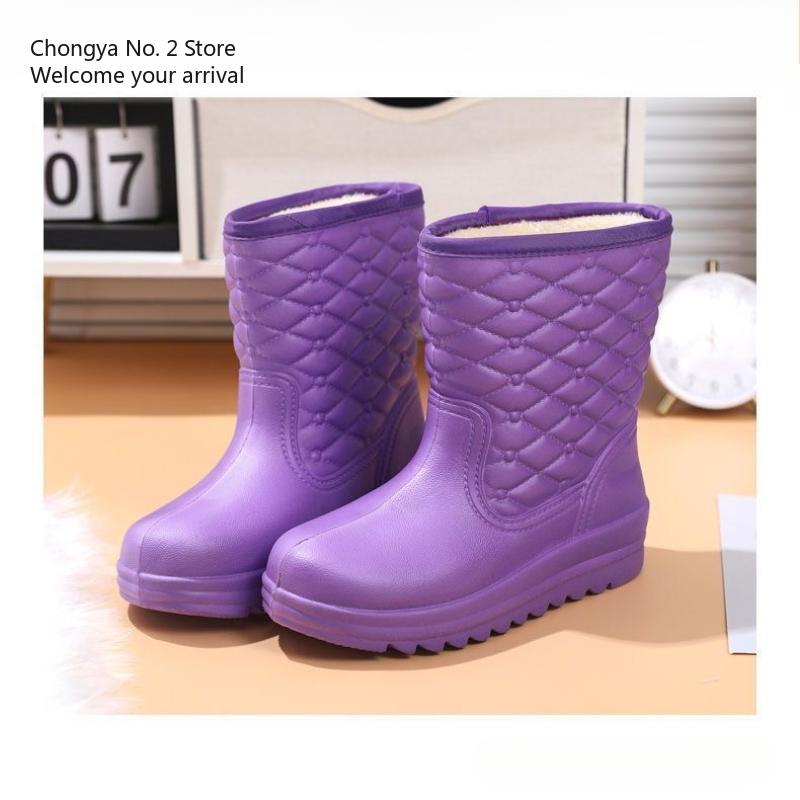 Waterproof Fleece Snow Boots Women's Mid-calf Water Boots Warm Water Boots Women's Rubber Shoes Kitchen Cotton