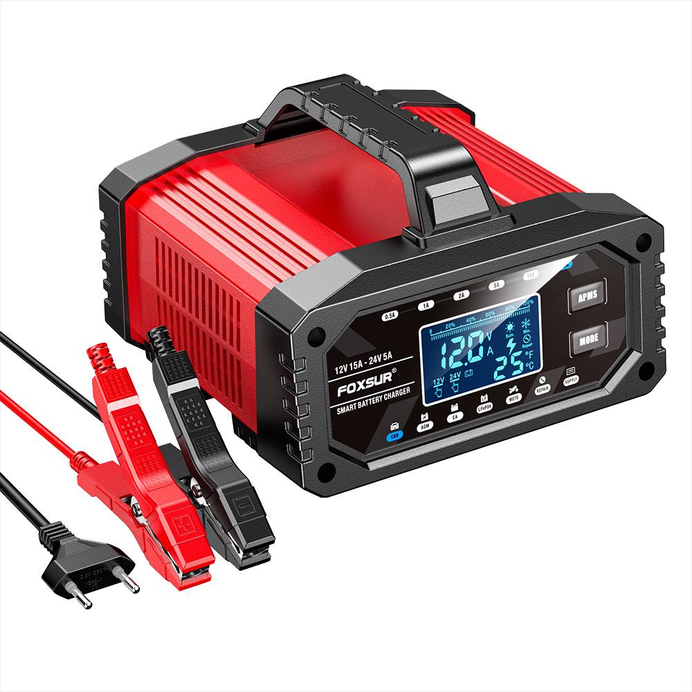 12/24V 15A Smart Battery Charger 10- Stage Charger Protect for LiFePo4 Wet Deep-Cycle Battery Usage