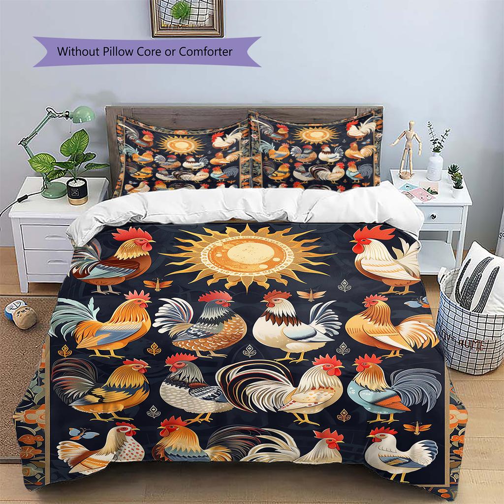 Vintage Chicken Art Pattern Bedding Quilt Set Quilt Cover Pillowcase Home Decoration Gift (1 * duvet cover + 2 * pillowcase, without core)