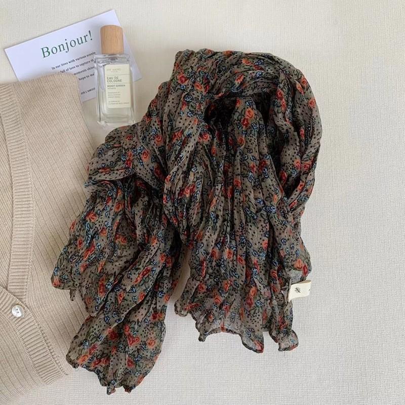 Vintage Cotton and Linen Scarf for Women Autumn and Winter Printed Thin Pleated Scarf Silk Scarf