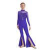 Girls Jazz Dance Jumpsuit: Mock Neck Long Sleeve with Cutout Back & Invisible Zipper, Sheer Mesh Sequins Bodice & Split Bell-Bottoms
