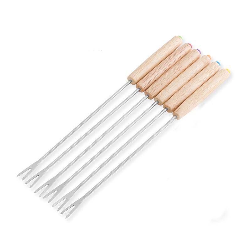 

Вилки для фондю из нержавеющей стали с деревянной ручкой, вилка для шоколада, фруктовый десерт, набор вилок для сыра и барбекю, кухонный инструмент для шампуров для хот-пота, 6 шт.