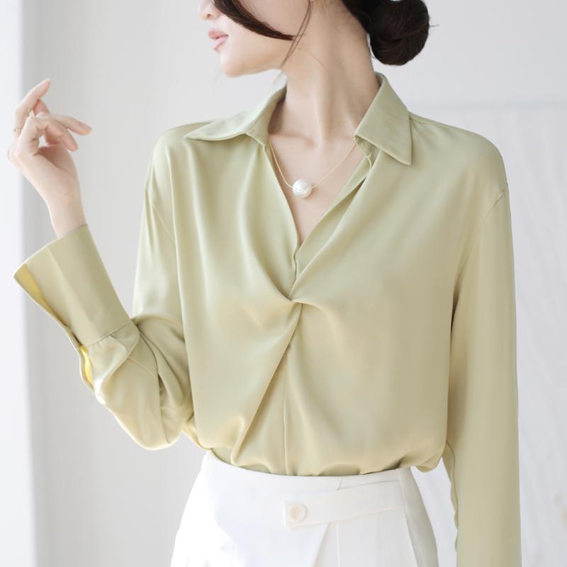 Office Lady Satin Casual Loose Shirts for Women Spring and Autumn Professional Long Sleeve Blouses Women Tops Slim Fit Temperament Elegant Shirt 26067