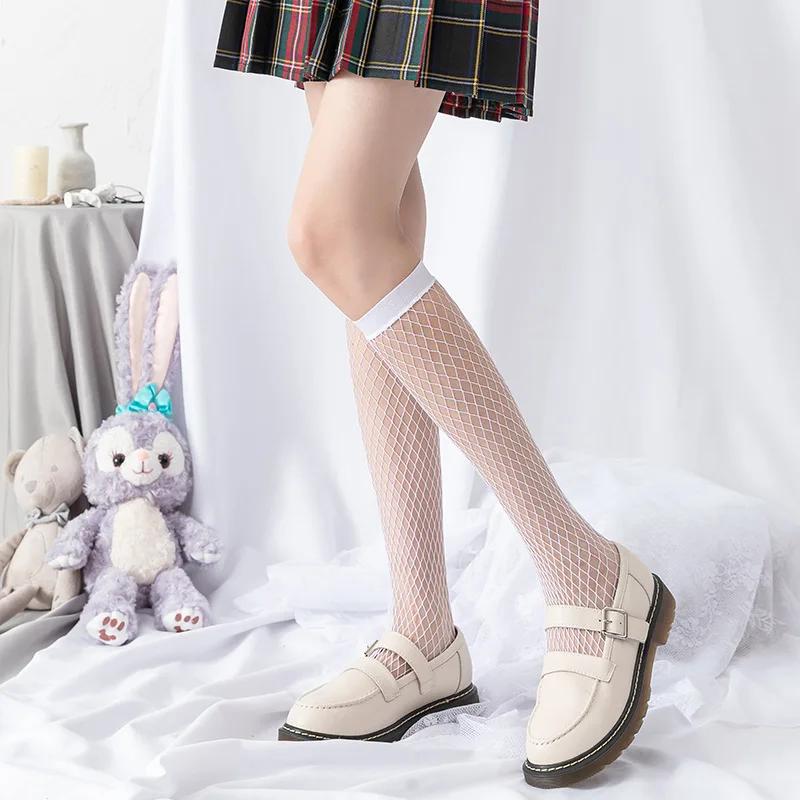 Sexy Mesh Women Stockings Gothic Fishnet Summer Women Tights Underwear JK Lolita Girls Solid Color Knee High Long Socks Lingerie