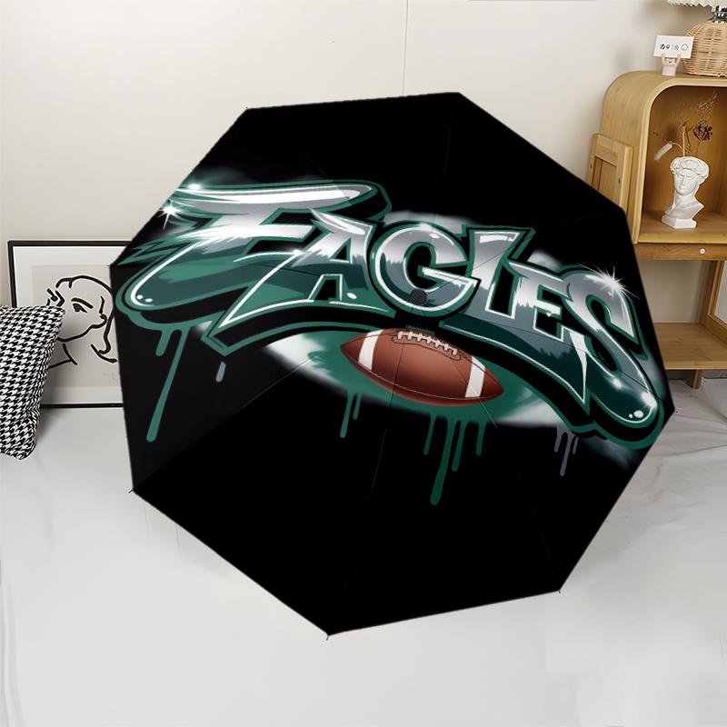 Philadelphia Eagles LOGO Print Automatic Umbrella, 8 Rib Iron Frame, Plastic Handle, Suitable for Outdoor Travel &Daily , Ideal Gift