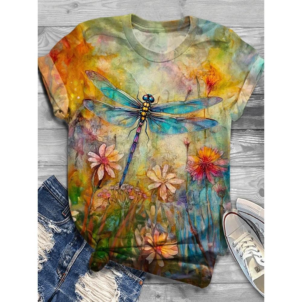 Butterfly Dragonfly Pattern 3D Print T-Shirts Women's Short Sleeves T Shirt Streetwear Y2k Harajuku Tees Tops Female Clothing