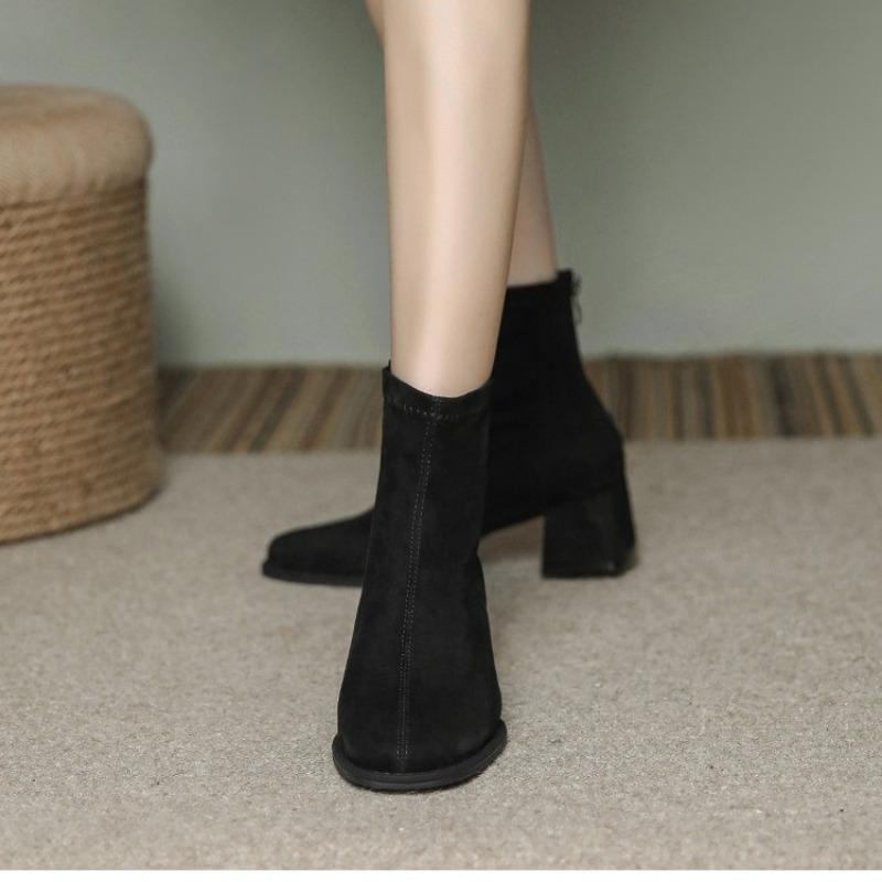 Nude Spring and Autumn Fleece Coarse Heel Fried Street Small Short Boots Women's Elastic Skinny Boots Suede Martin Boots High Heels