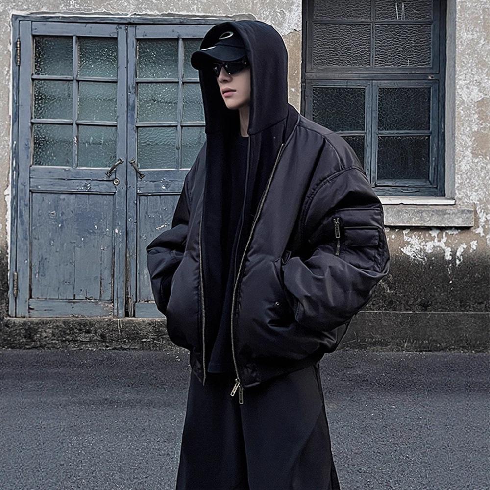 Men's American Faux Two-Piece Quilted Winter Bomber Jacket with Hood