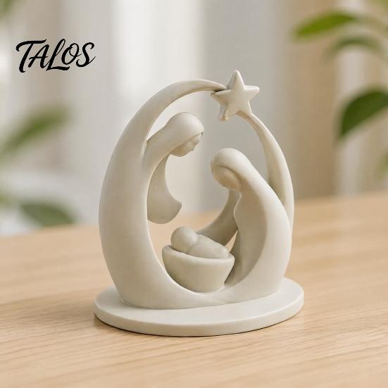 Small Desktop Art 3D Printed Holy Family Ornament, Abstract Crescent Sculpture with Statue Star, Religious Decoration for Christmas Fireplace