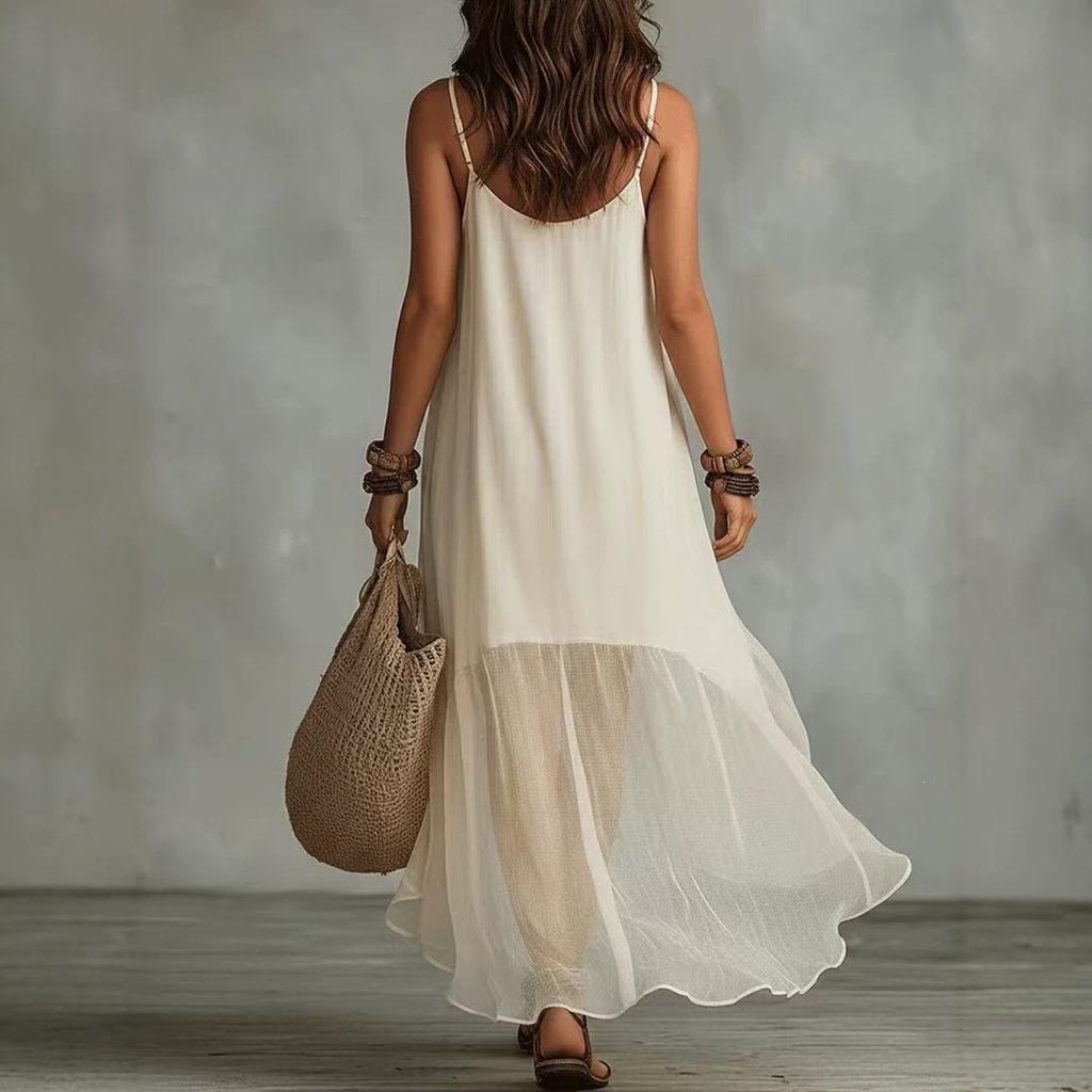 New lazy and relaxed bohemian vacation solid color suspender U-neck women's dress