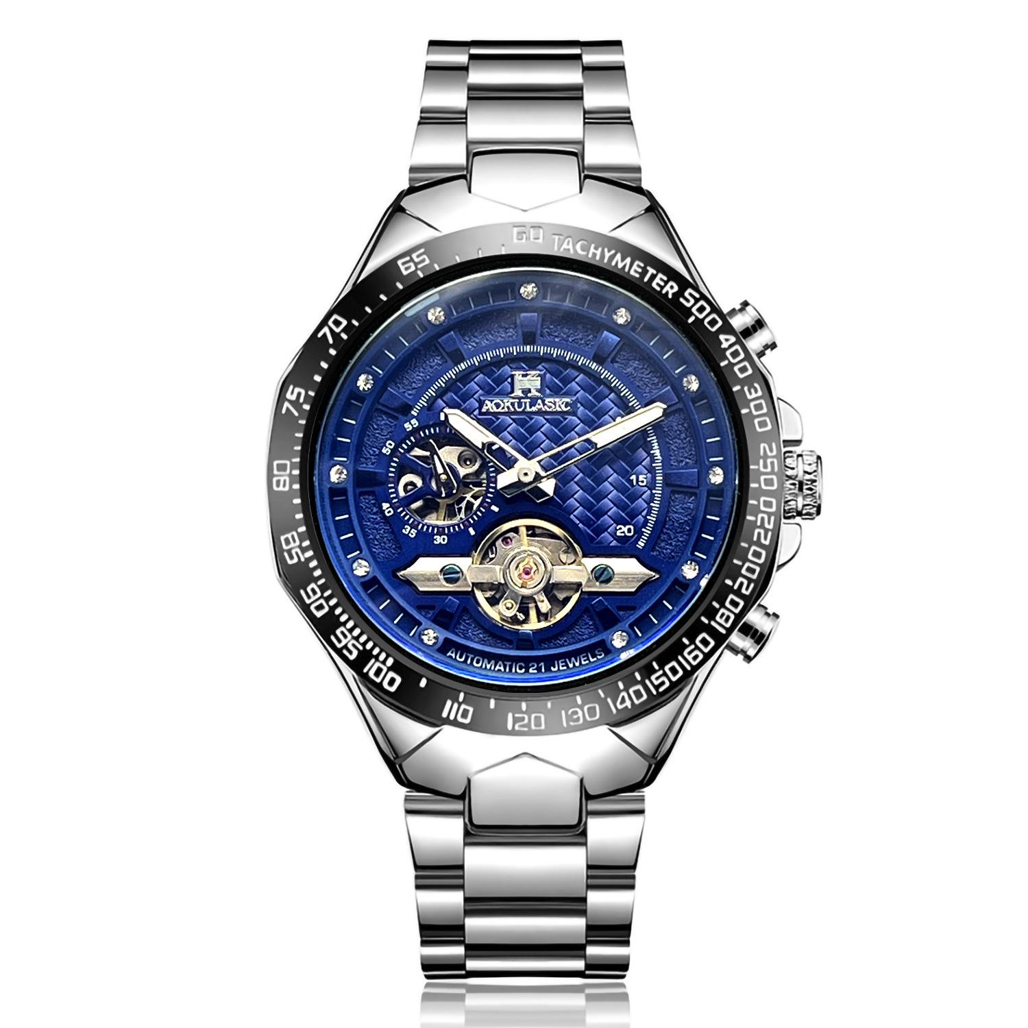 Black Warrior Large Dial Semi-Automatic Mechanical Tourbillon Waterproof Luminous Skeleton Men s Watch