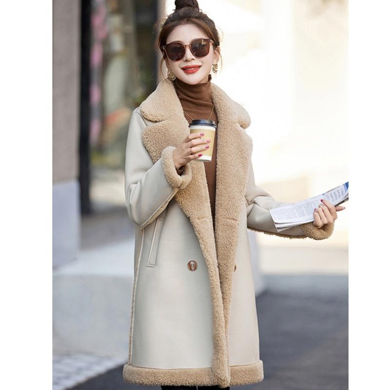 Manteau tout-en-un en fourrure de daim d'agneau pour femme, manteau d'hiver mi-long en fourrure épaisse en velours