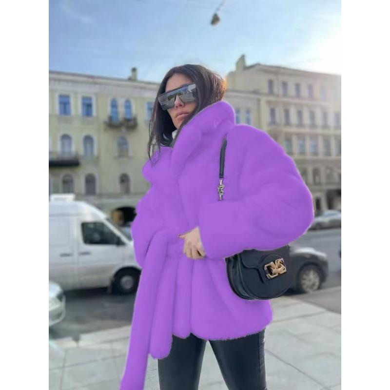 Women`s Belted Faux Fur Coat Stand