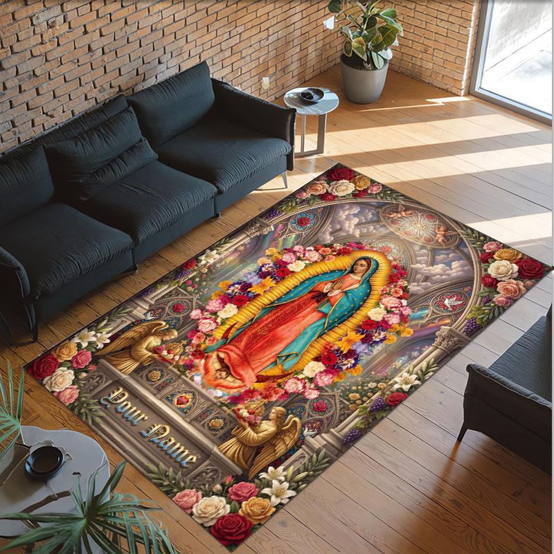 Virgin Mary Theme Crystal Velvet Rug Personalized Custom Name Text Soft Floor Mat Home Decor