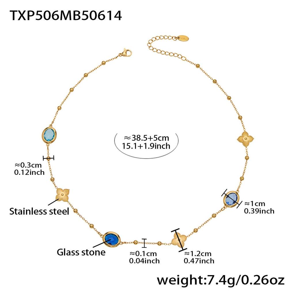 18K Gold-Plated Stainless Steel Jewelry Set: Bead Chain Necklace & Earrings with Oval Bezel Faceted Glass Stone.