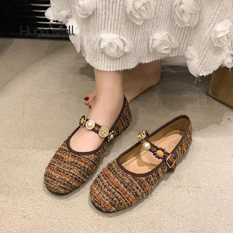 Fashion Ethnic Tweed Knitted Ballet Flats Woman Individual Beads Buckle Ballerina Shoes Ladies Jacquard Design Fluffy Mary Jane Zapatos